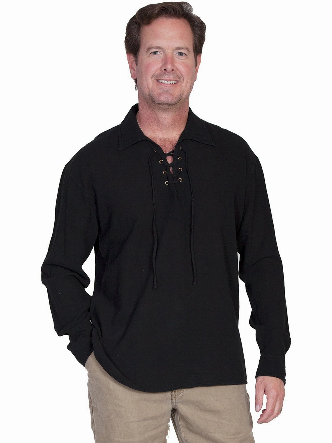 Scully Cantina Mens Black 100% Cotton Laceup Pullover Shirt Relaxed Wear Premium Finish