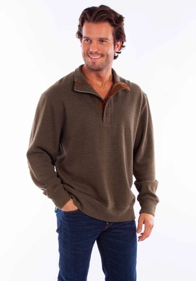 Scully Mens 1/4 Zipper Olive Cotton Blend Pullover Sweater Logo Print Fashion-Forward Scully Mens 1/4 Zipper Olive Cotton Blend Pullover Sweater