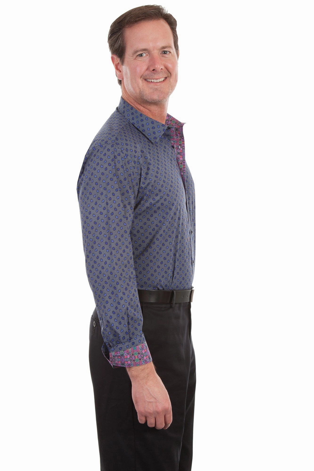 Quick Release Placket Scully Mens Blue 100% Cotton Paisley L/S Shirt