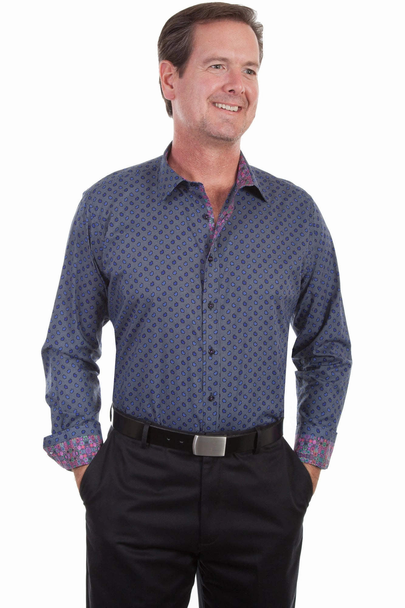 Scully Mens Blue 100% Cotton Paisley L/S Shirt Chill Layer