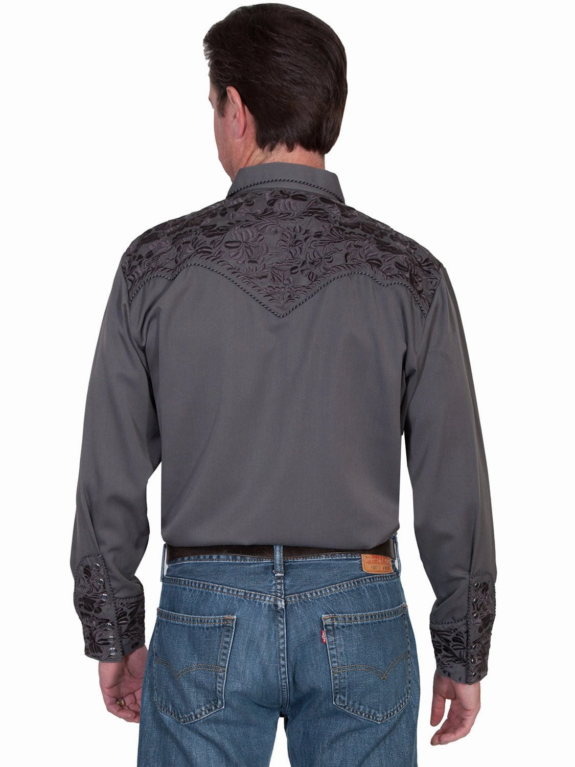 Geometric Shape Scully Mens Charcoal Poly/Rayon Tooled Floral L/S Shirt