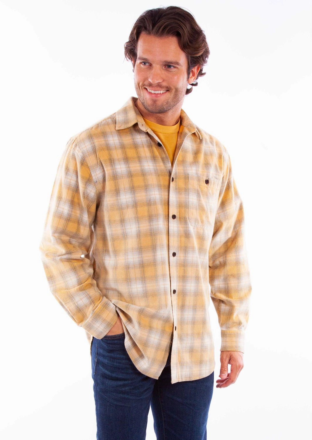 Functional Fashion Compact Fold Design Scully Mens Corduroy Plaid Natural 100% Cotton L/S Shirt