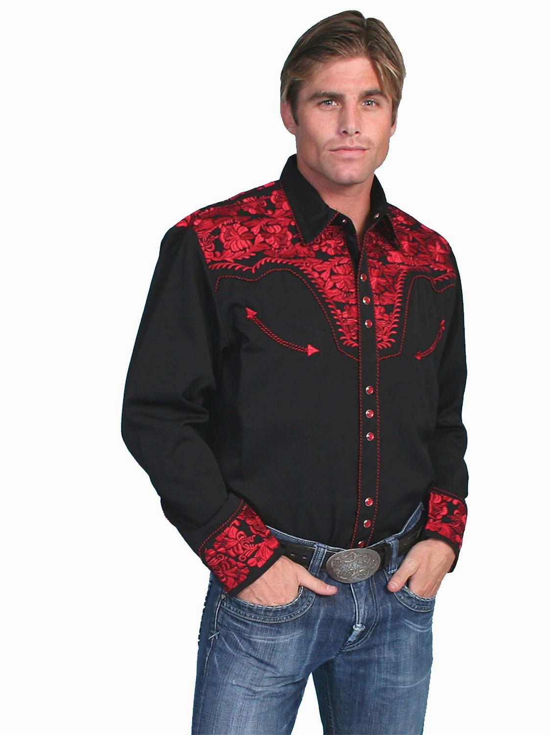Scully Mens Crimson Poly/Rayon Tooled Floral L/S Shirt Everyday Wear Smart Layering