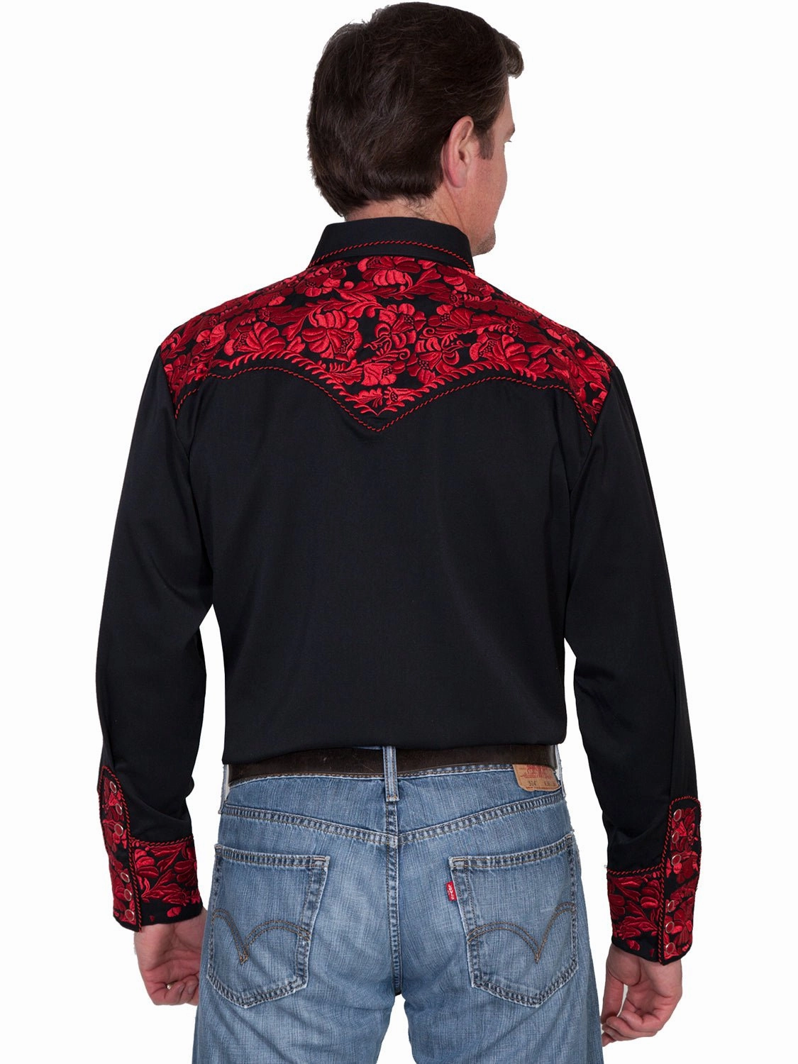 Scully Mens Crimson Poly/Rayon Tooled Floral L/S Shirt Premium Comfort Fashionable Pick