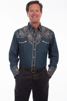 Scully Mens Denim 100% Cotton Leafy Scroll L/S Shirt Anti-pilling Scully Mens Denim 100% Cotton Leafy Scroll L/S Shirt Reinforced Hems