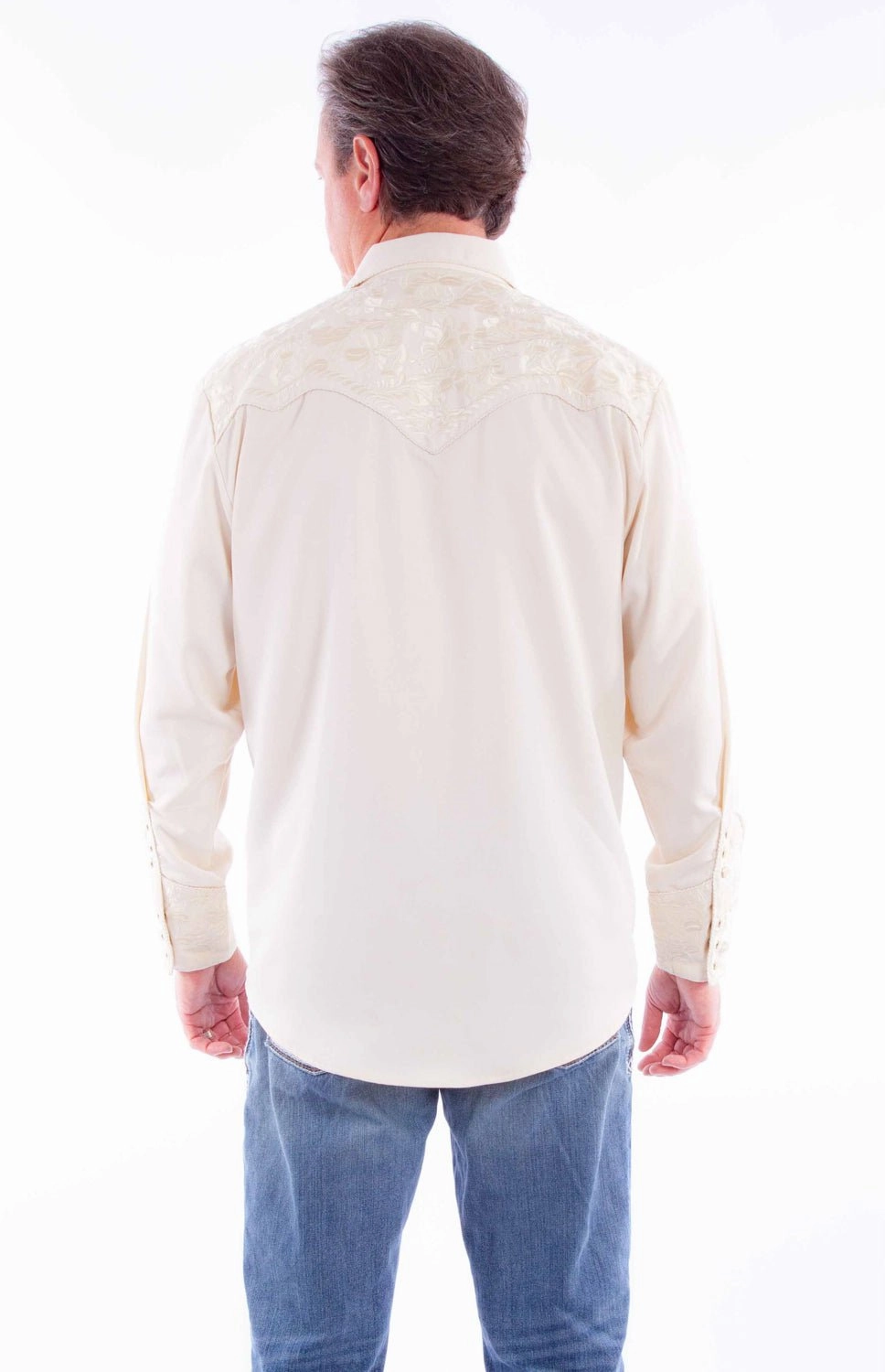 Scully Mens Floral Tooled Embroidery Ivory Poly/Rayon L/S Shirt Comfy Layer