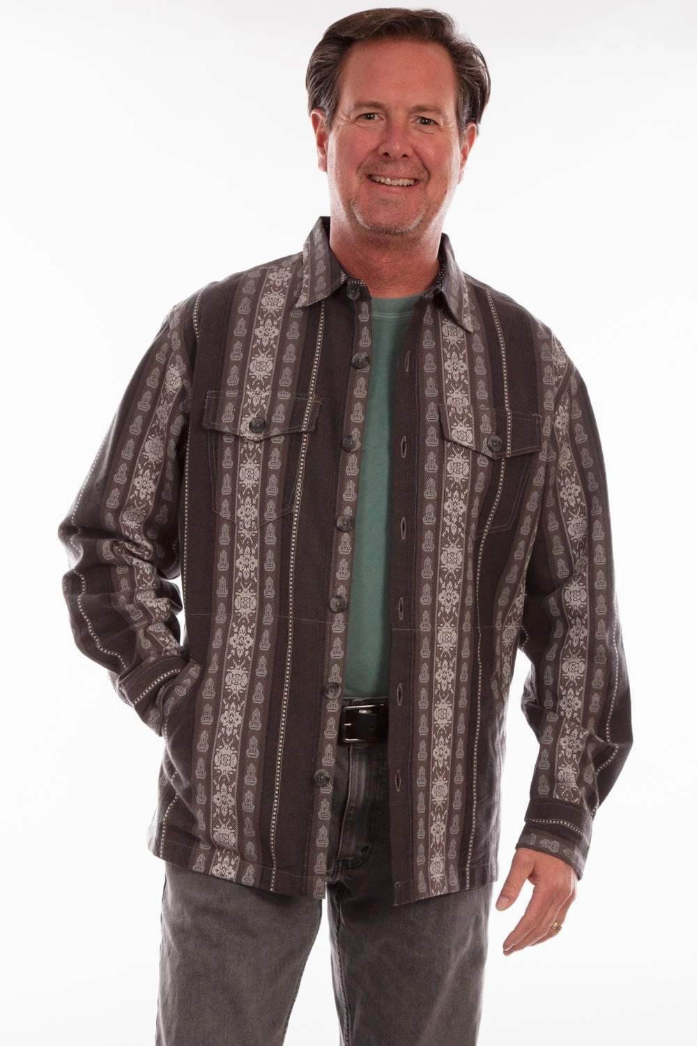 Scully Mens Jacquard Vertical Charcoal 100% Cotton L/S Shirt Street Comfort