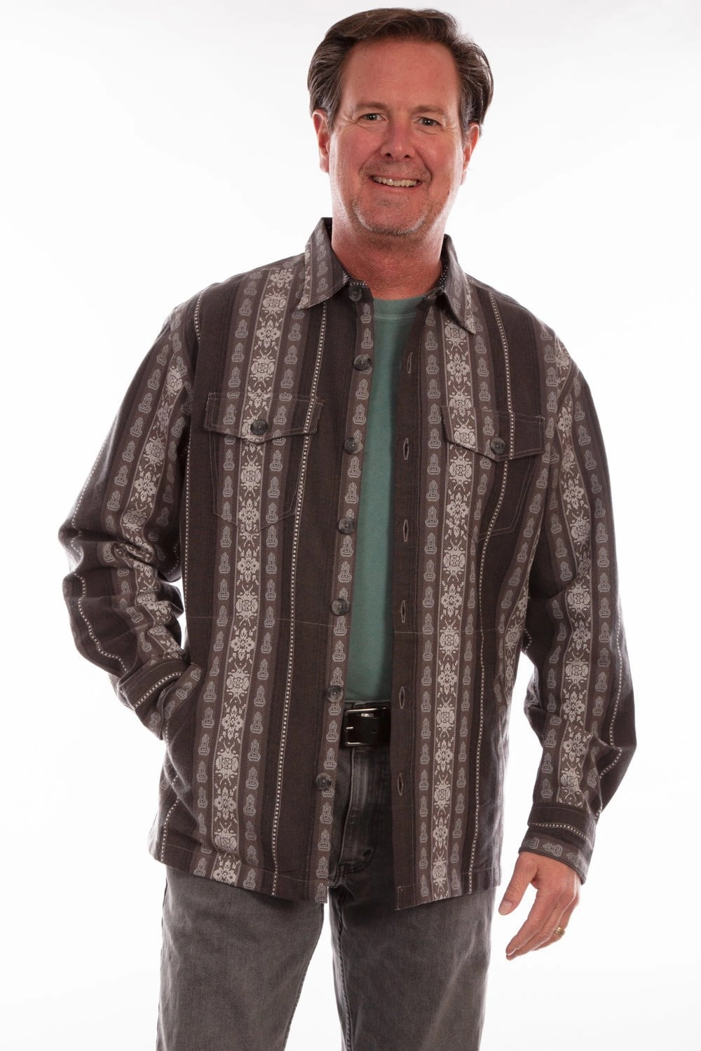 hypoallergenic Layered Design Scully Mens Jacquard Vertical Charcoal 100% Cotton L/S Shirt
