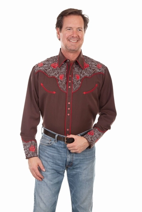 Scully Mens Mesmerising Red Roses Chocolate Poly/Rayon L/S Shirt 4X Compact Style Ultra Soft Interior Scully Mens Mesmerising Red Roses Chocolate Poly/Rayon L/S Shirt 4X