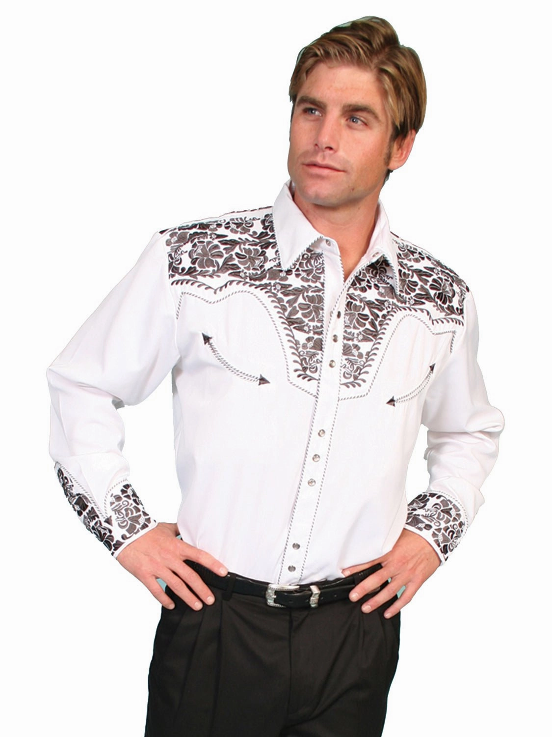 Airflow Ventilation System Scully Mens Pewter Poly/Rayon Tooled Floral L/S Shirt