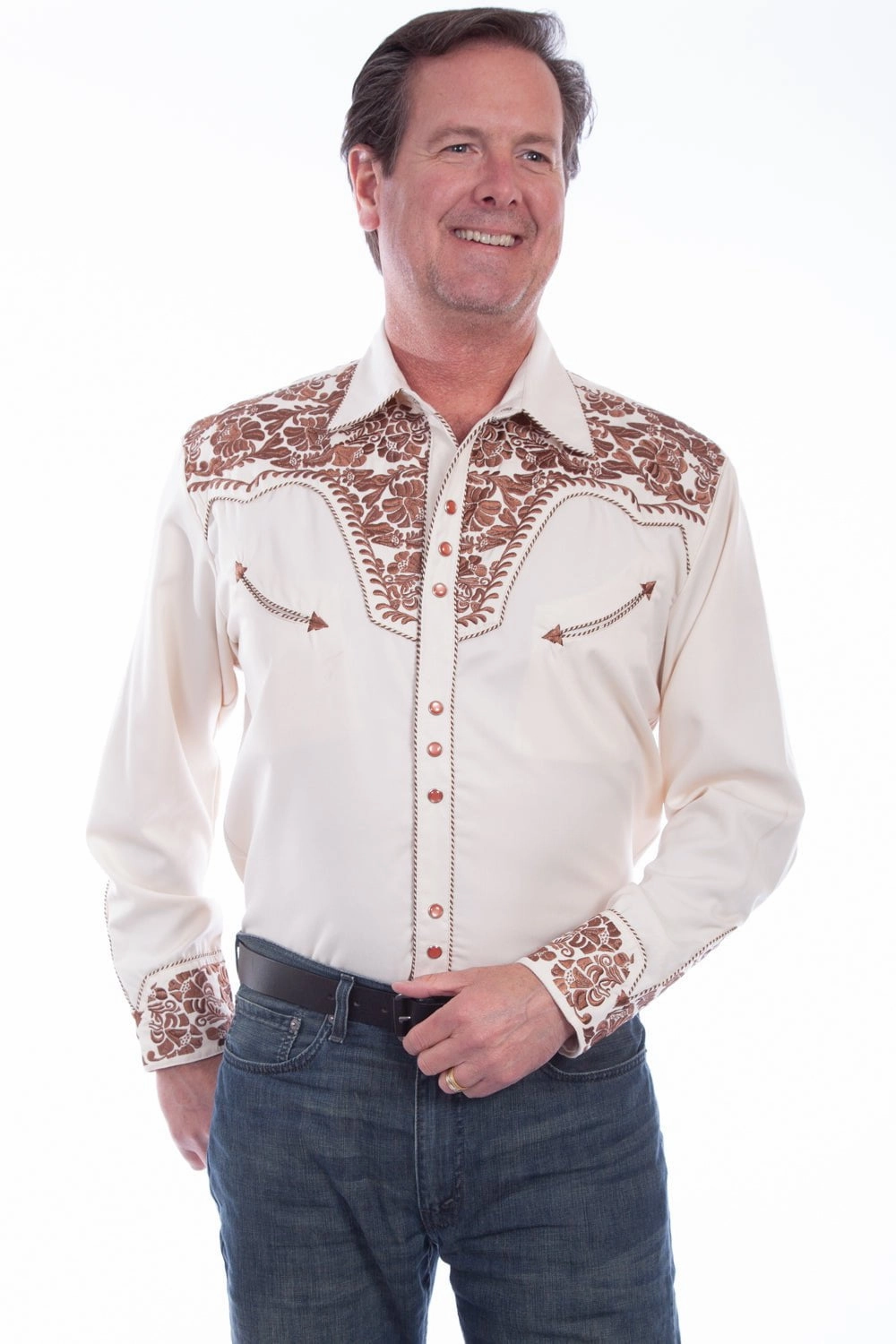 Soft touch finish Scully Mens Shirt Western Natural Poly Blend Floral Tooled Stitch L/S L