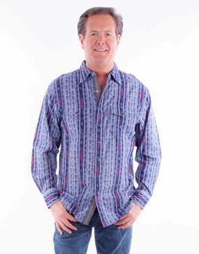 Scully Mens Signature Southwest Stripe Blue 100% Cotton L/S Shirt Compact Weave Perfect Fit Cooling Core Technology Scully Mens Signature Southwest Stripe Blue 100% Cotton L/S Shirt