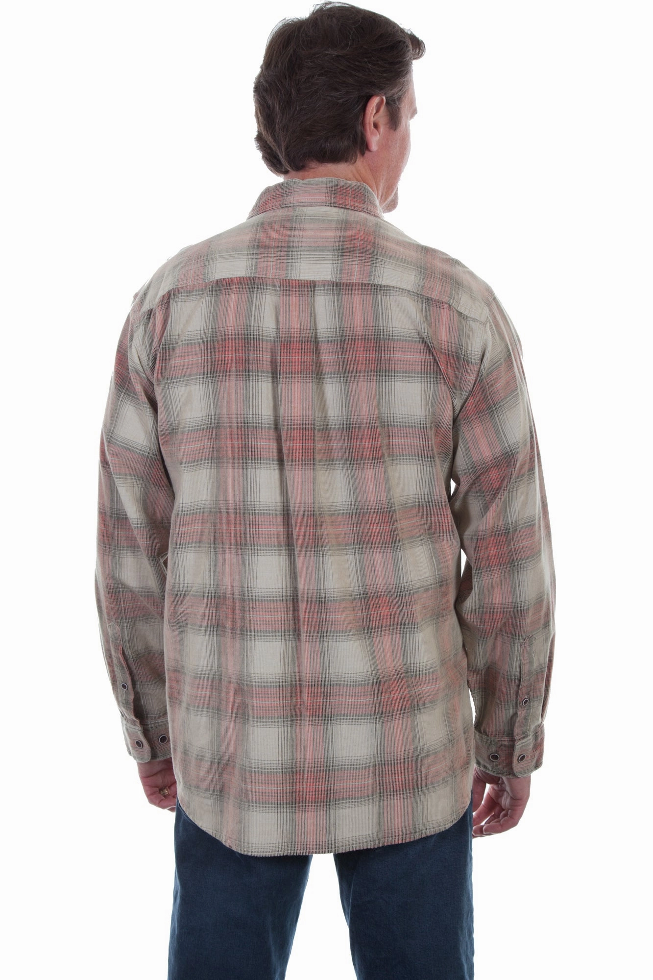 Scully Mens Stone/Red 100% Cotton Cord Plaid L/S Shirt Subtle Print