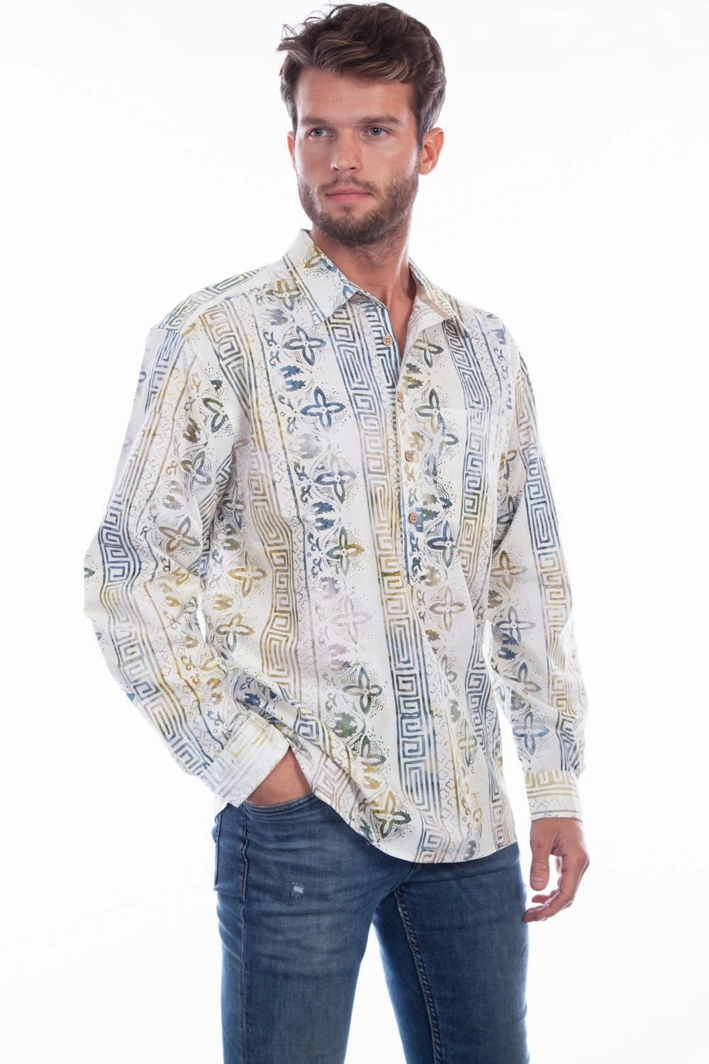 Split hem Scully Mens Tiki 100% Cotton Batik Popover L/S Shirt XLT
