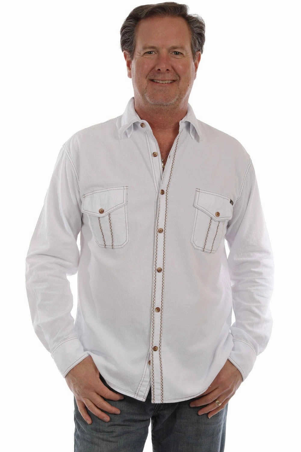 Scully Mens Western Contrast Stitching White 100% Cotton L/S Shirt handmade touch Fashionable Layer