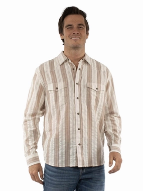 Scully Mens Western Stripe Seersucker Tan 100% Cotton L/S Shirt Office-Ready Special Occasion Classy Detail Scully Mens Western Stripe Seersucker Tan 100% Cotton L/S Shirt