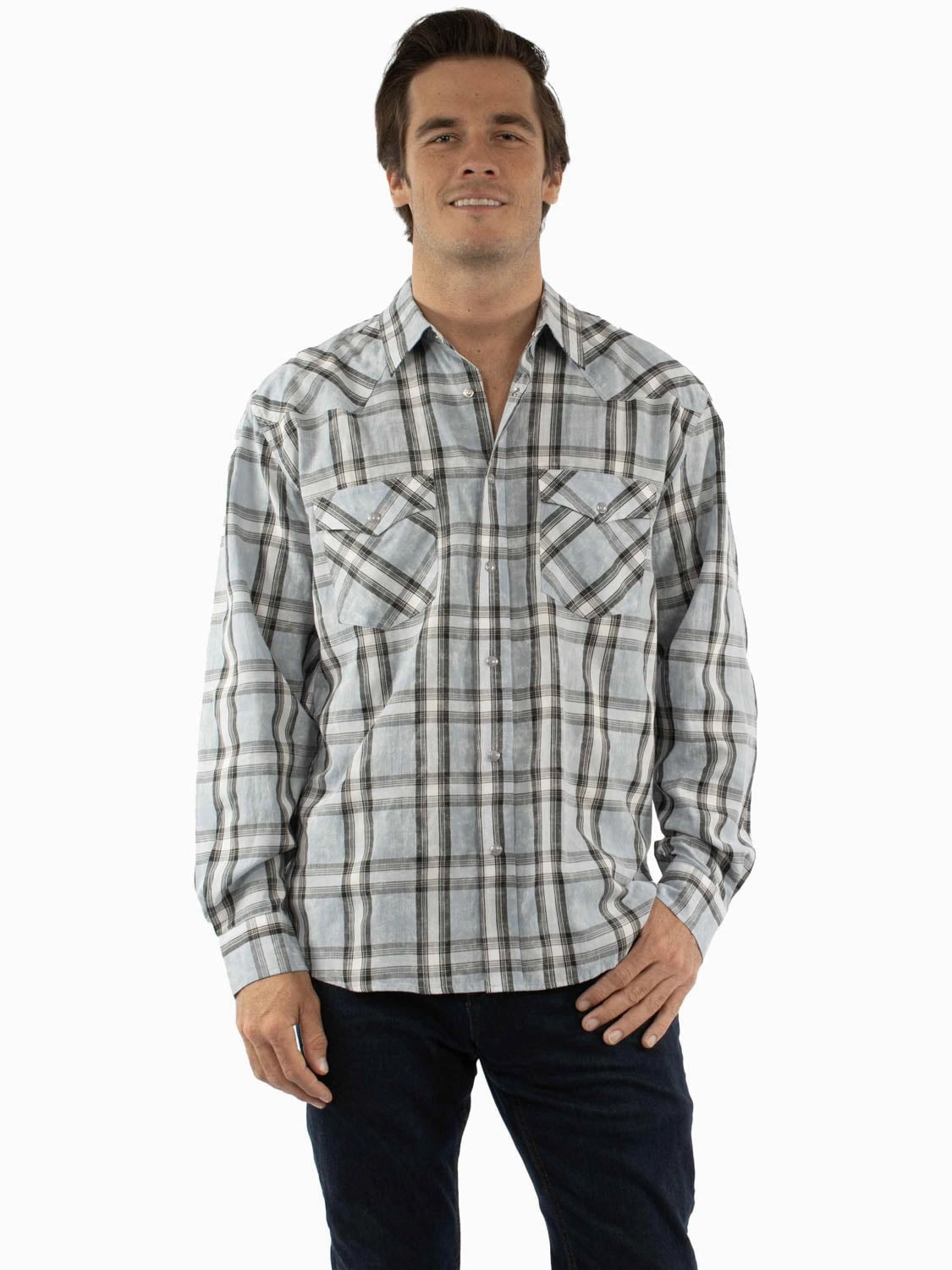 Scully Mens Worn Washed Plaid Grey 100% Cotton L/S Shirt Timeless Classic Anti Pill Technology