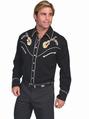 Scully Western Mens Black Polyester L/S Big Guitar Western Shirt 3X Simple Silhouette Lounge Wear Scully Western Mens Black Polyester L/S Big Guitar Western Shirt 3X