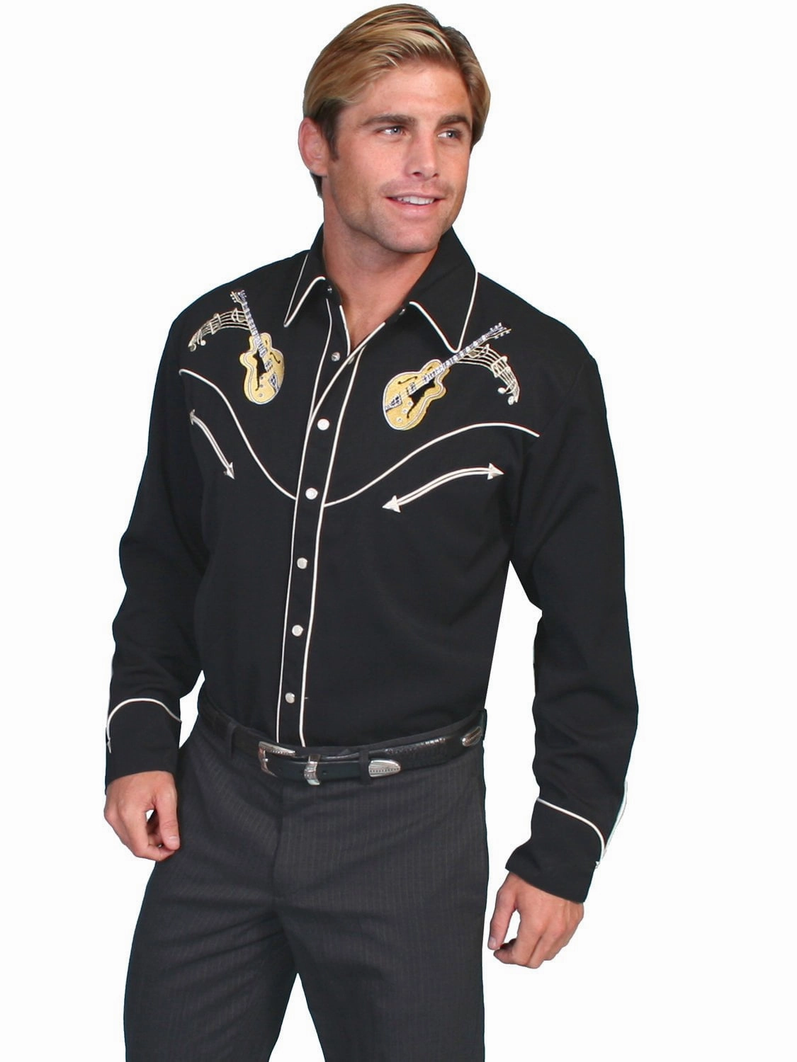 Lounge Wear Scully Western Mens Black Polyester L/S Big Guitar Western Shirt 3X