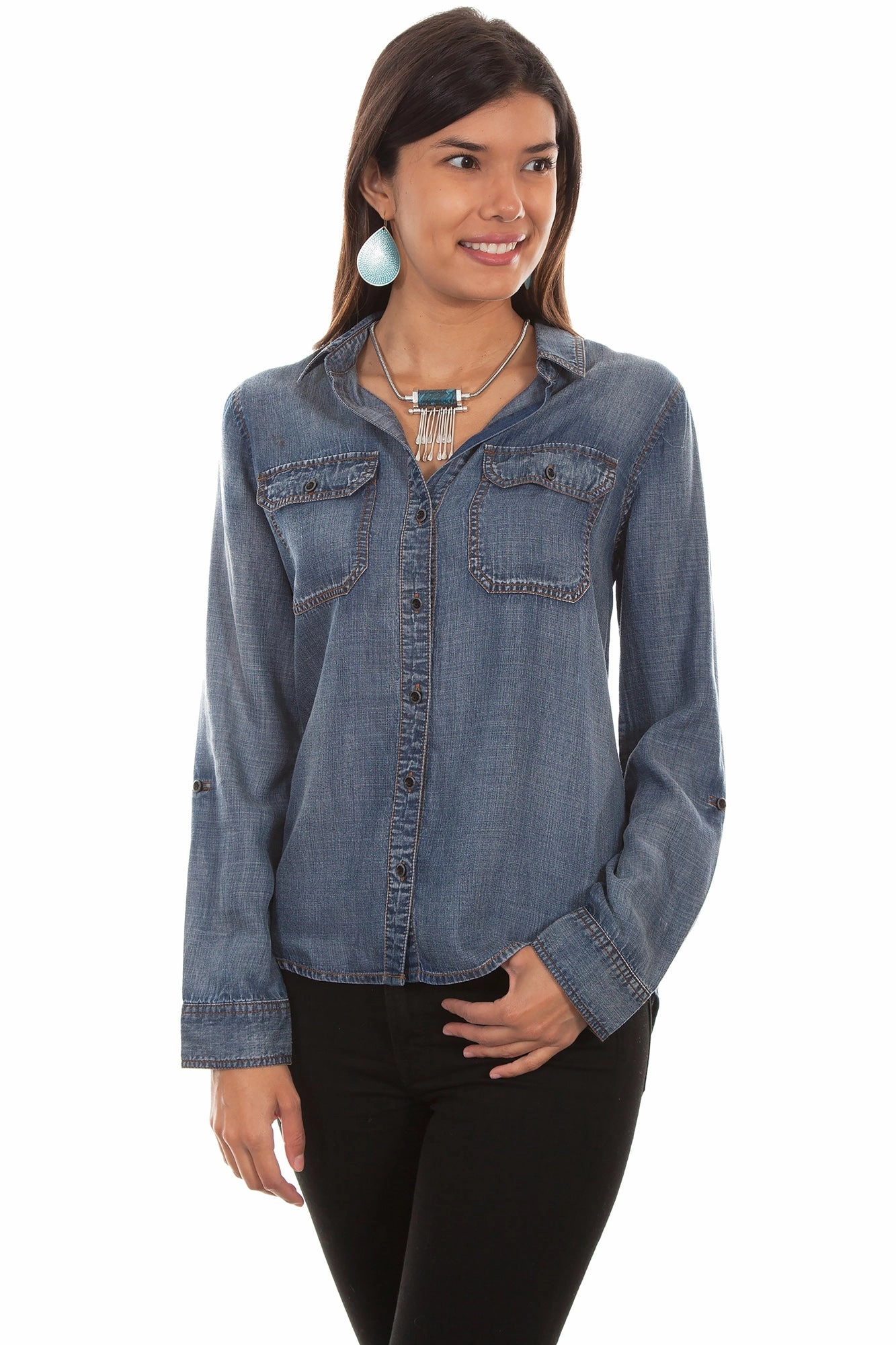 Scully Womens Denim Tencel Hi/Lo L/S Blouse Curved Seam Construction Fashion Fit Design