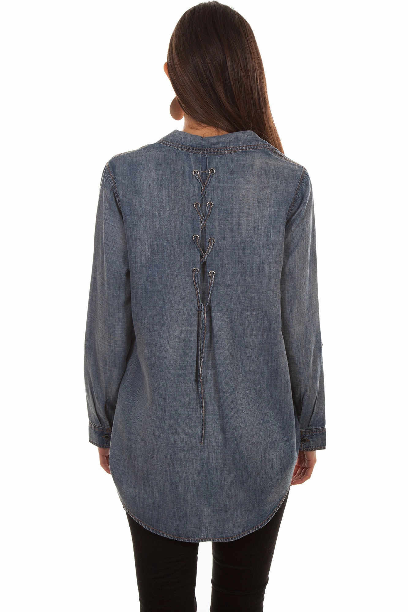 Fashionable Design Scully Womens Denim Tencel Hi/Lo L/S Blouse