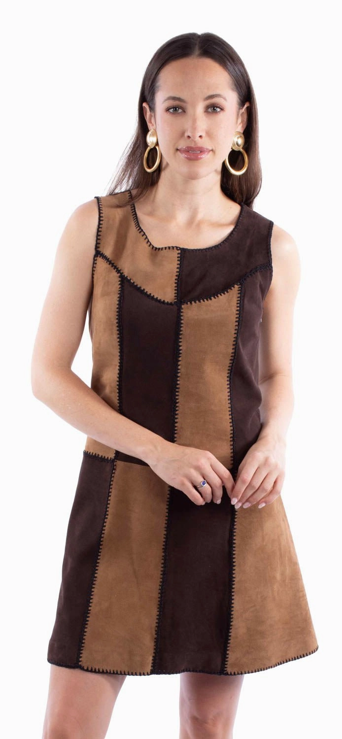 Scully Womens Multi-Color Patchwork Brown/Tan Leather S/L Dress Earthy Streetwear Fan Nature Lover Contemporary Waistband