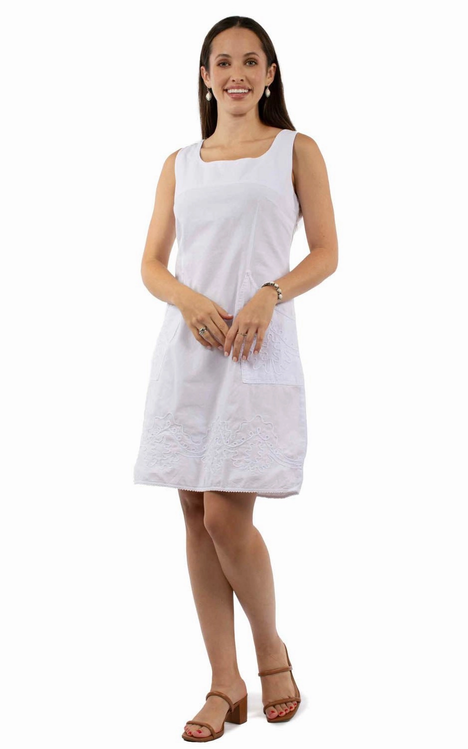 Scully Womens Soutach Two Pockets White 100% Cotton S/L Dress Relaxed Look