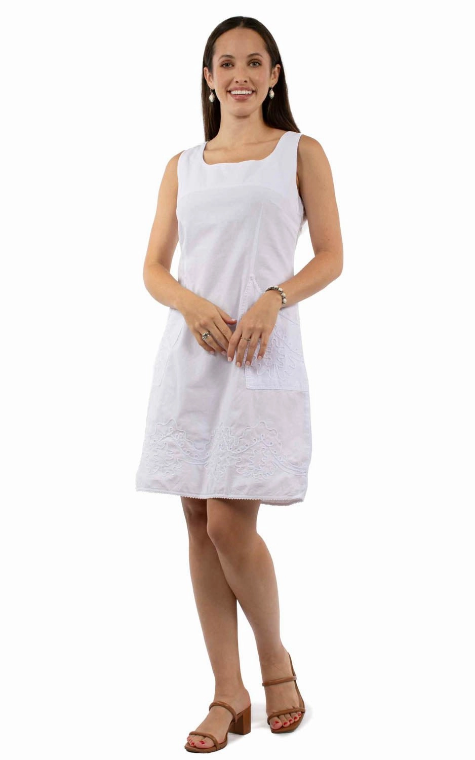 Fit Focus Scully Womens Soutach Two Pockets White 100% Cotton S/L Dress