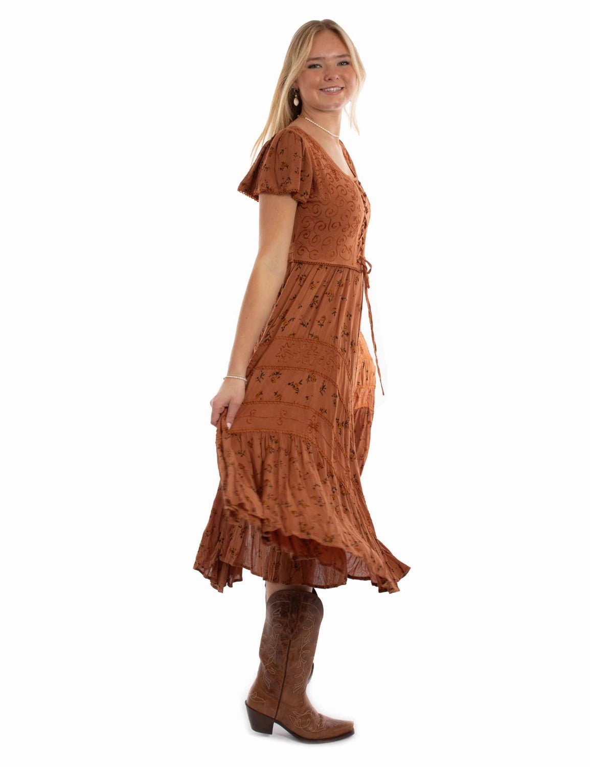 Scully Womens Soutache Rose Print Rust 100% Rayon Cap Sleeve Dress Textured Family Style Autumn Days Clean Finish