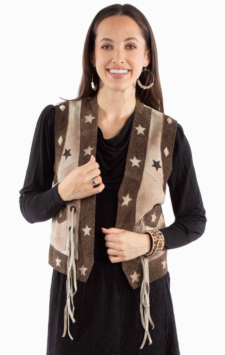 Tapered Leg Profile Scully Womens Stars Fringe Yoke Brown Leather Leather Vest