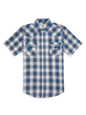 Seam Free Back Ely and Walker Mens Plaid Snap Blue Poly/Cotton S/S Shirt Ely and Walker Mens Plaid Snap Blue Poly/Cotton S/S Shirt Slim Silhouette Twill Weave