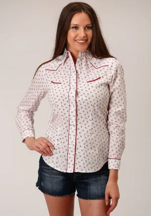 Seam Free Back Roper Womens Floral Print White Cotton Blend L/S Shirt Roper Womens Floral Print White Cotton Blend L/S Shirt Animal Print