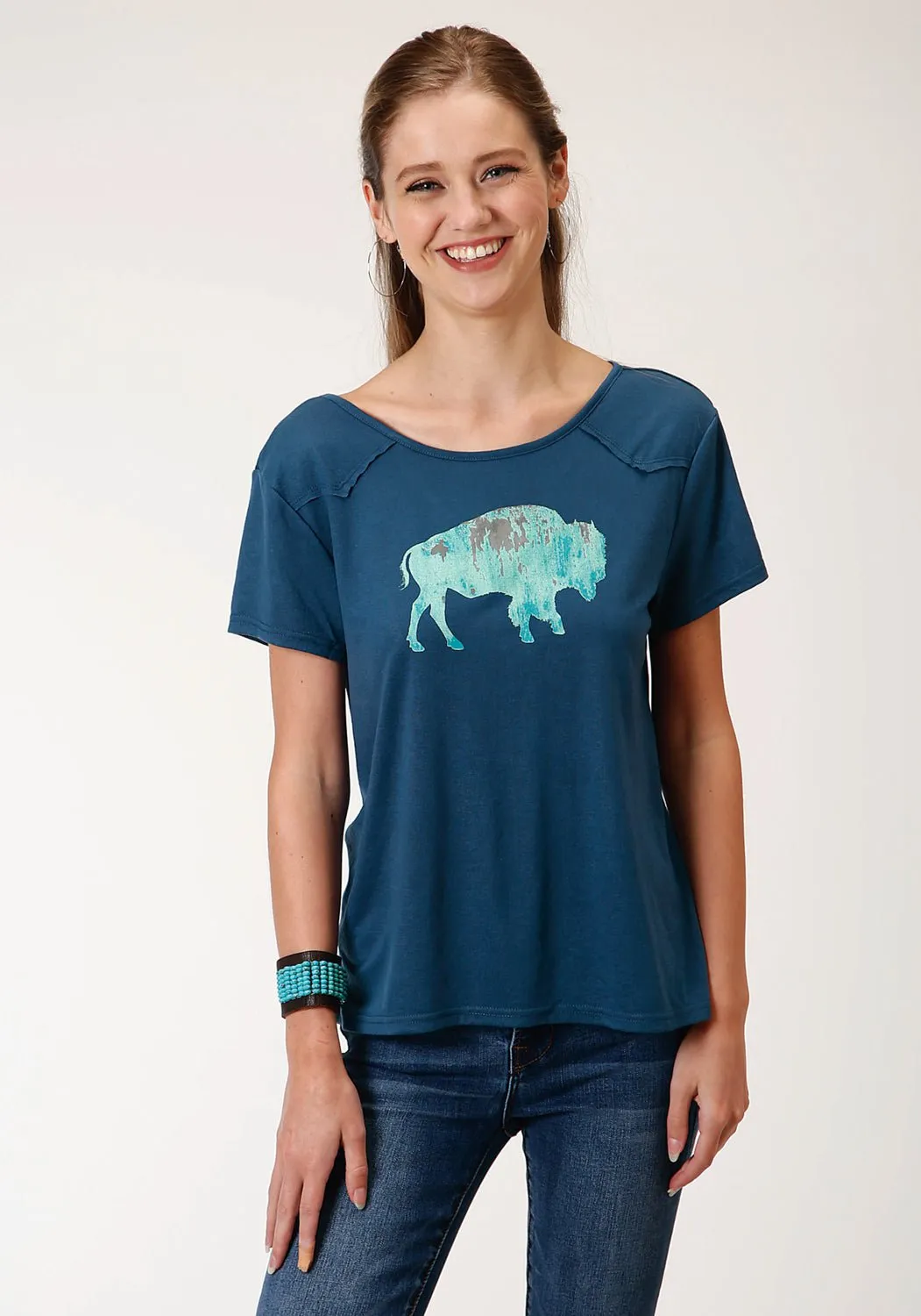 Luxurious Feel Roper Womens Navy Blue Poly/Rayon Buffalo Yoke S/S T-Shirt