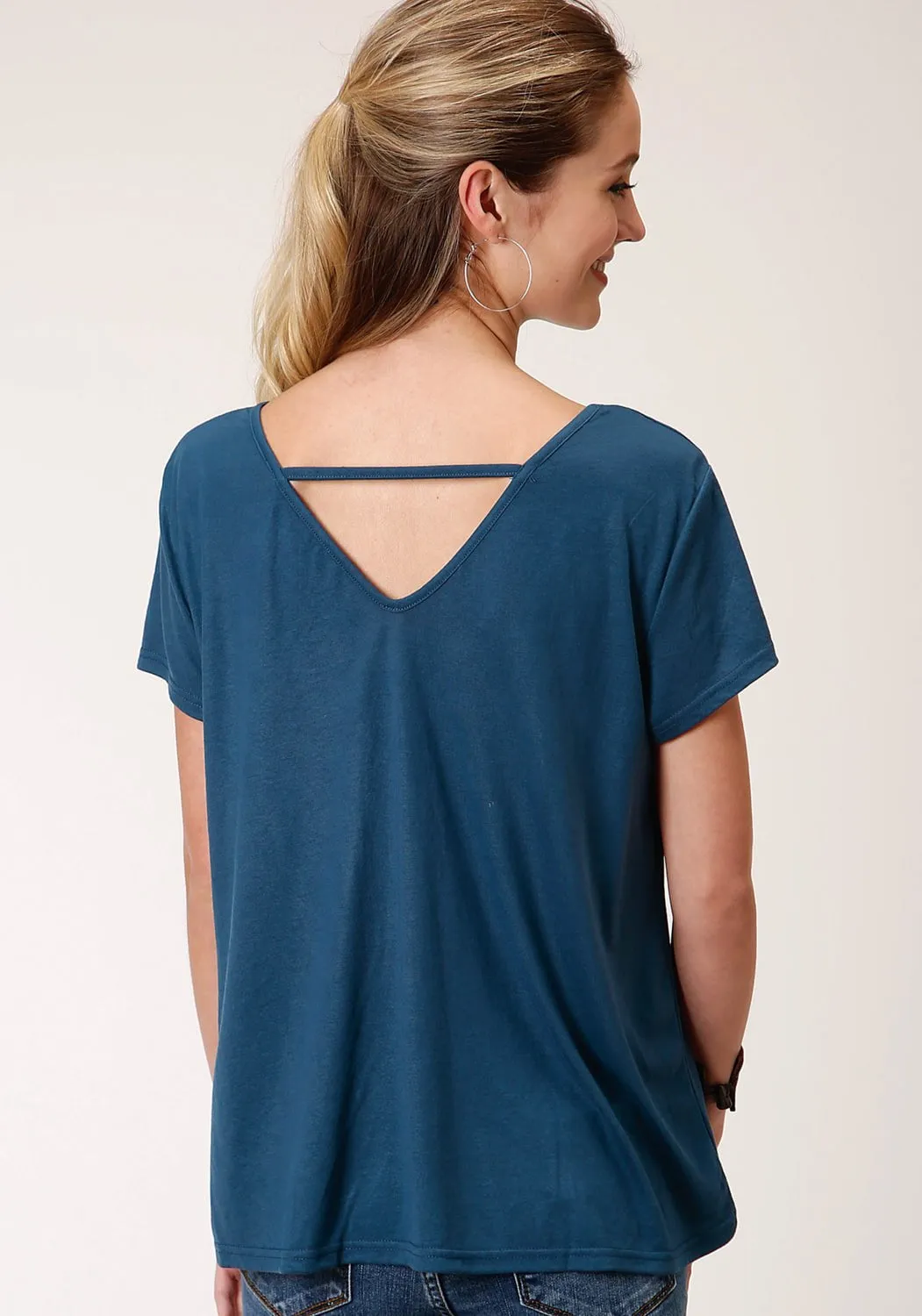 Ergonomic Sleeve Cut All-Weather Ready Roper Womens Navy Blue Poly/Rayon Buffalo Yoke S/S T-Shirt