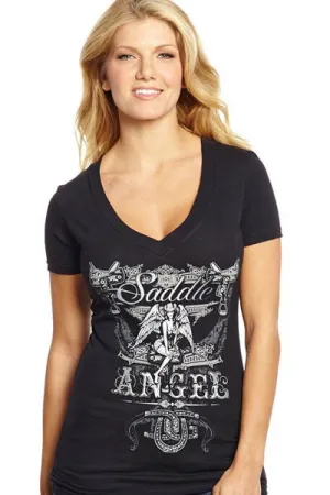 Seamless Design Cowgirl Up Womens Black Cotton S/S T-Shirt Saddle Angel V-Neck Cowgirl Up Womens Black Cotton S/S T-Shirt Saddle Angel V-Neck Lightweight Weave
