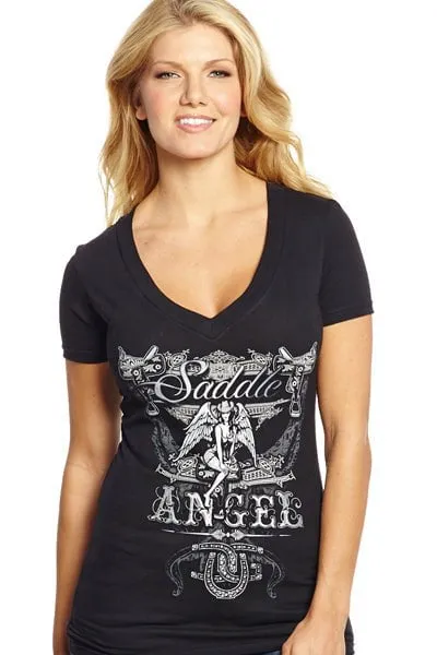 Corporate Retreat Cowgirl Up Womens Black Cotton S/S T-Shirt Saddle Angel V-Neck