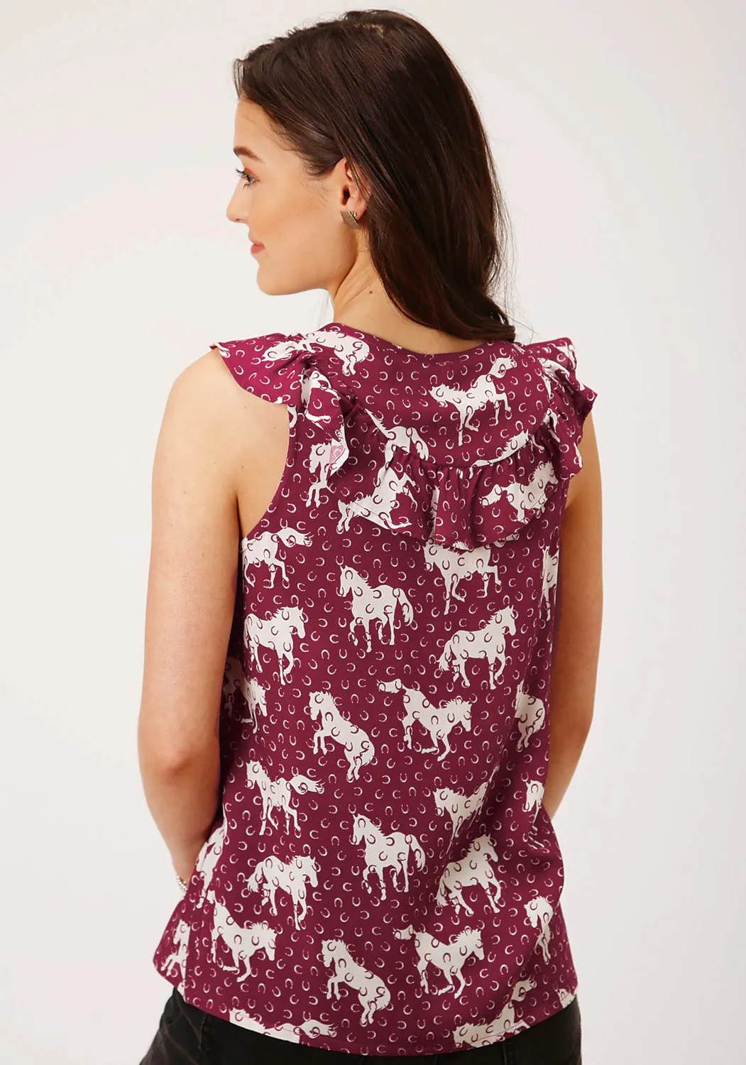 Chilly Day Wear fade resistant color Roper Womens White Horse Red 100% Rayon S/L Blouse