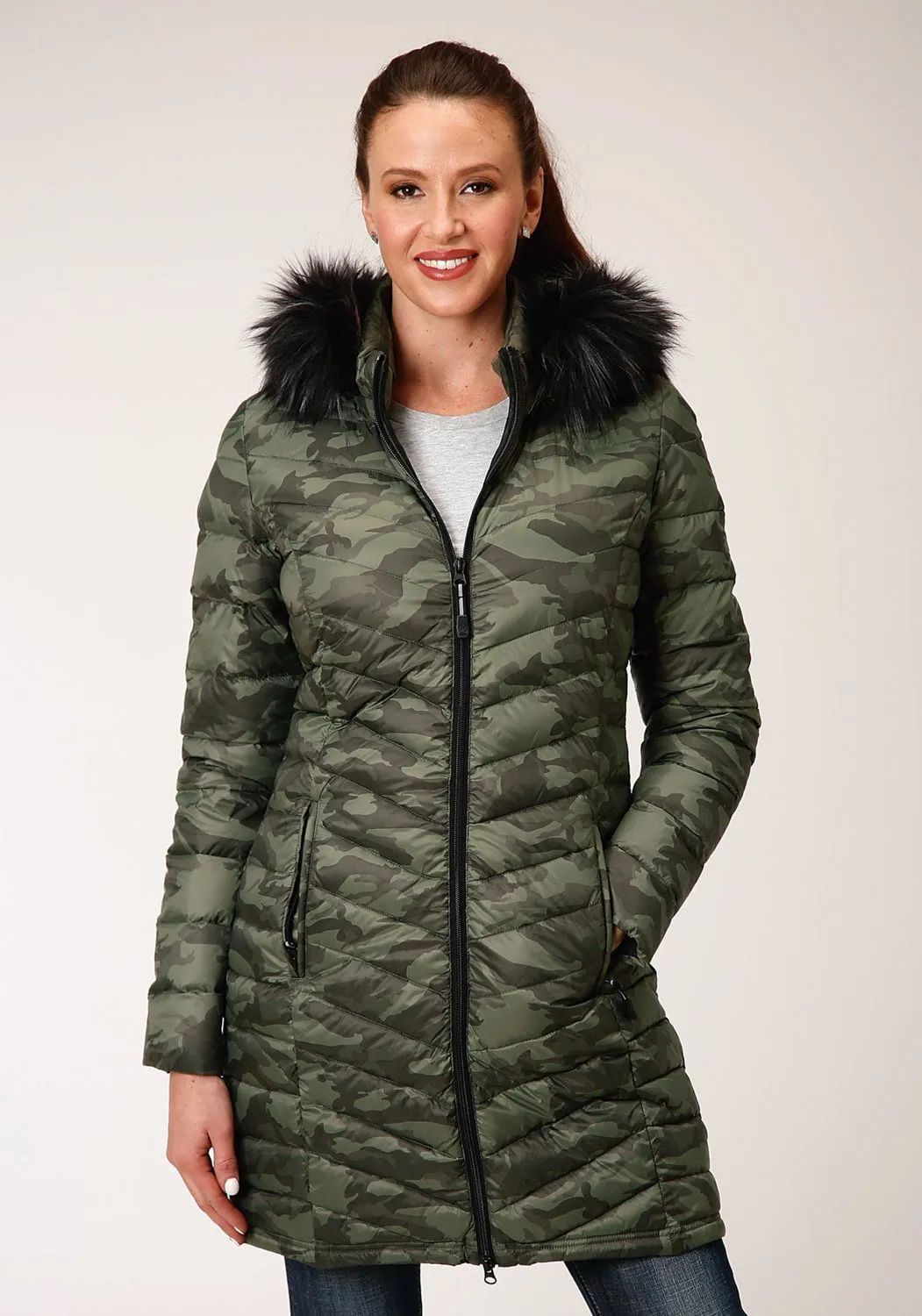 Water Efficient Wash Process Roper Womens Camo Nylon Down Filled Fur Coat