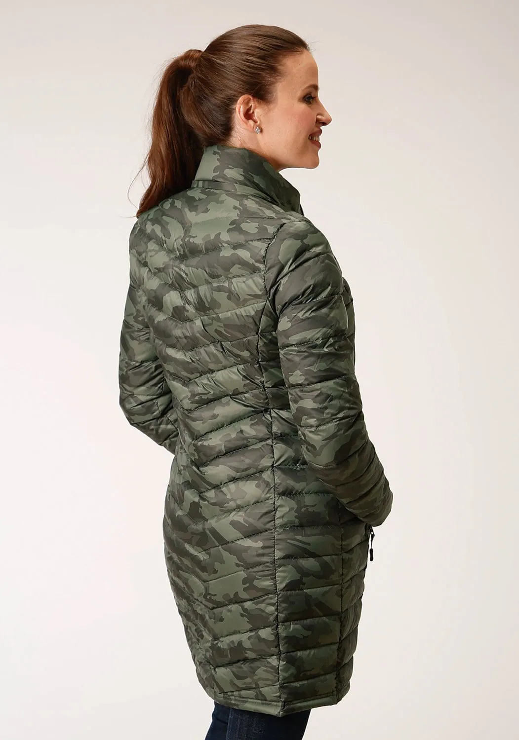 Roper Womens Camo Nylon Down Filled Fur Coat Stretch Road Trip Brunch Outfit Timeless Appeal