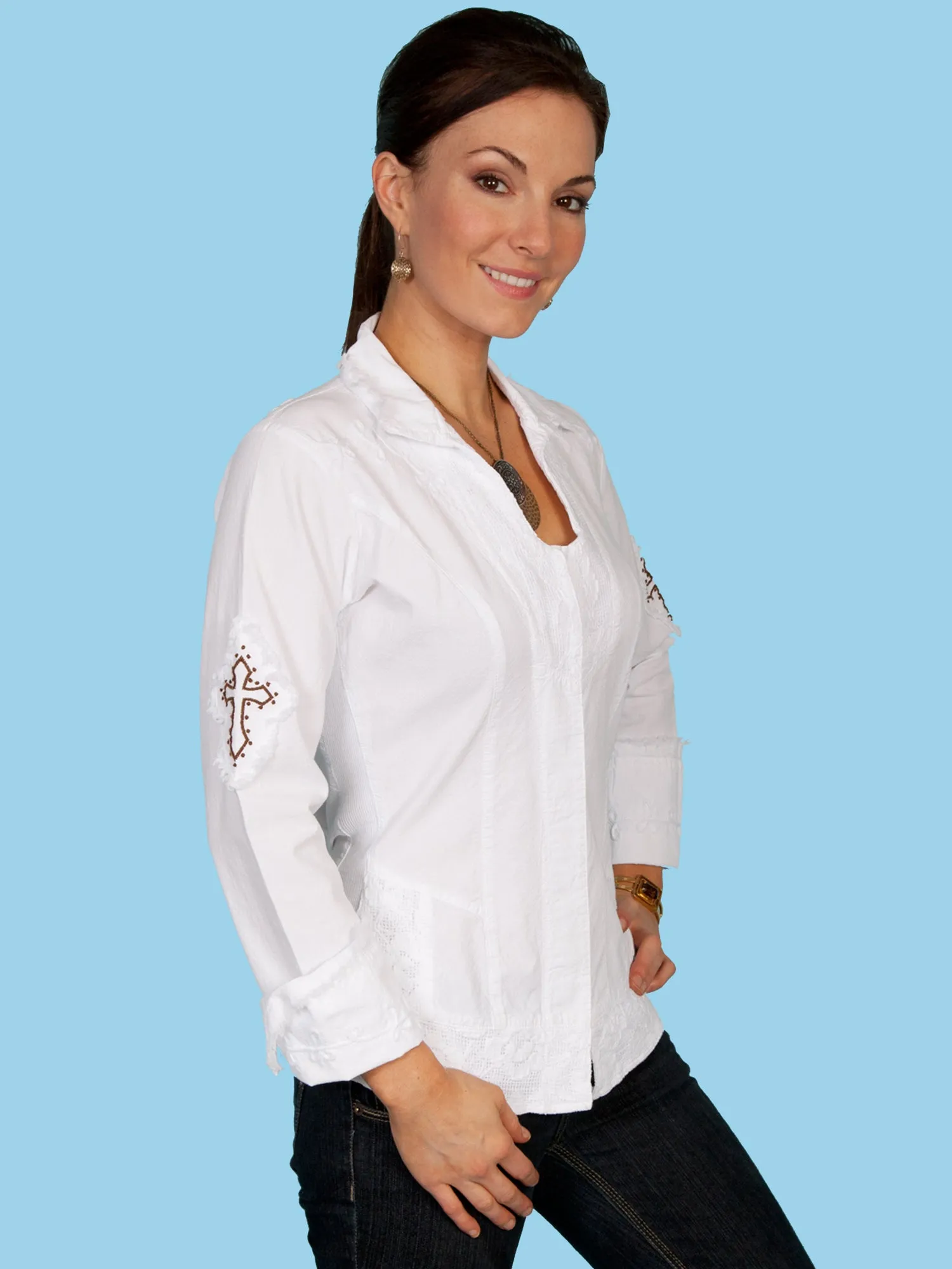 Minimalist Daily Wear Loose Scully Womens White 100% Cotton Cross L/S Shirt