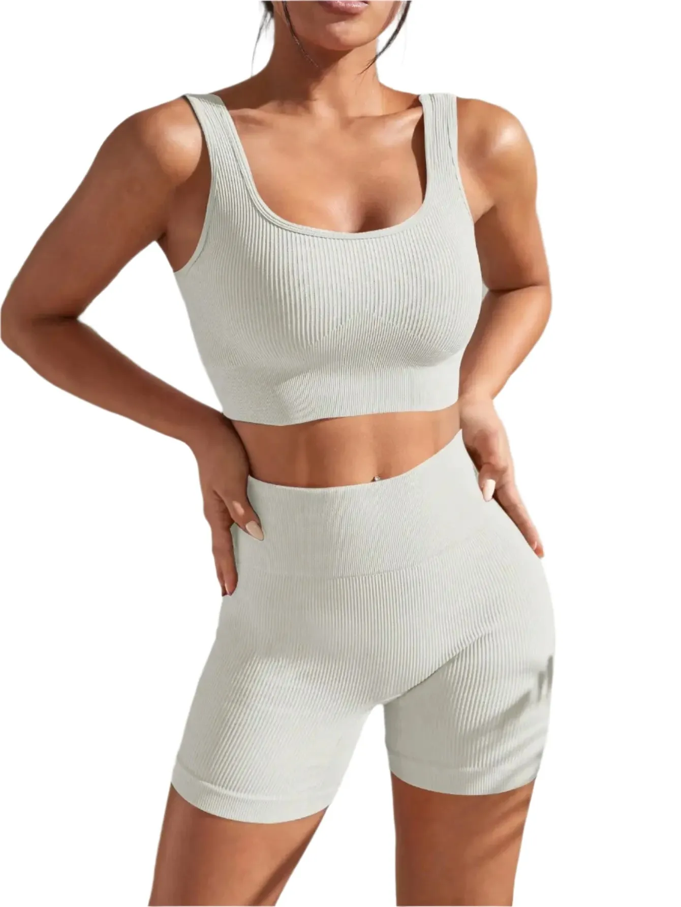 Seamless Ribbed Yoga Set for Women – 2-Piece Workout Outfit with High-Waist Shorts & Crop Tank for Gym, Fitness, Running