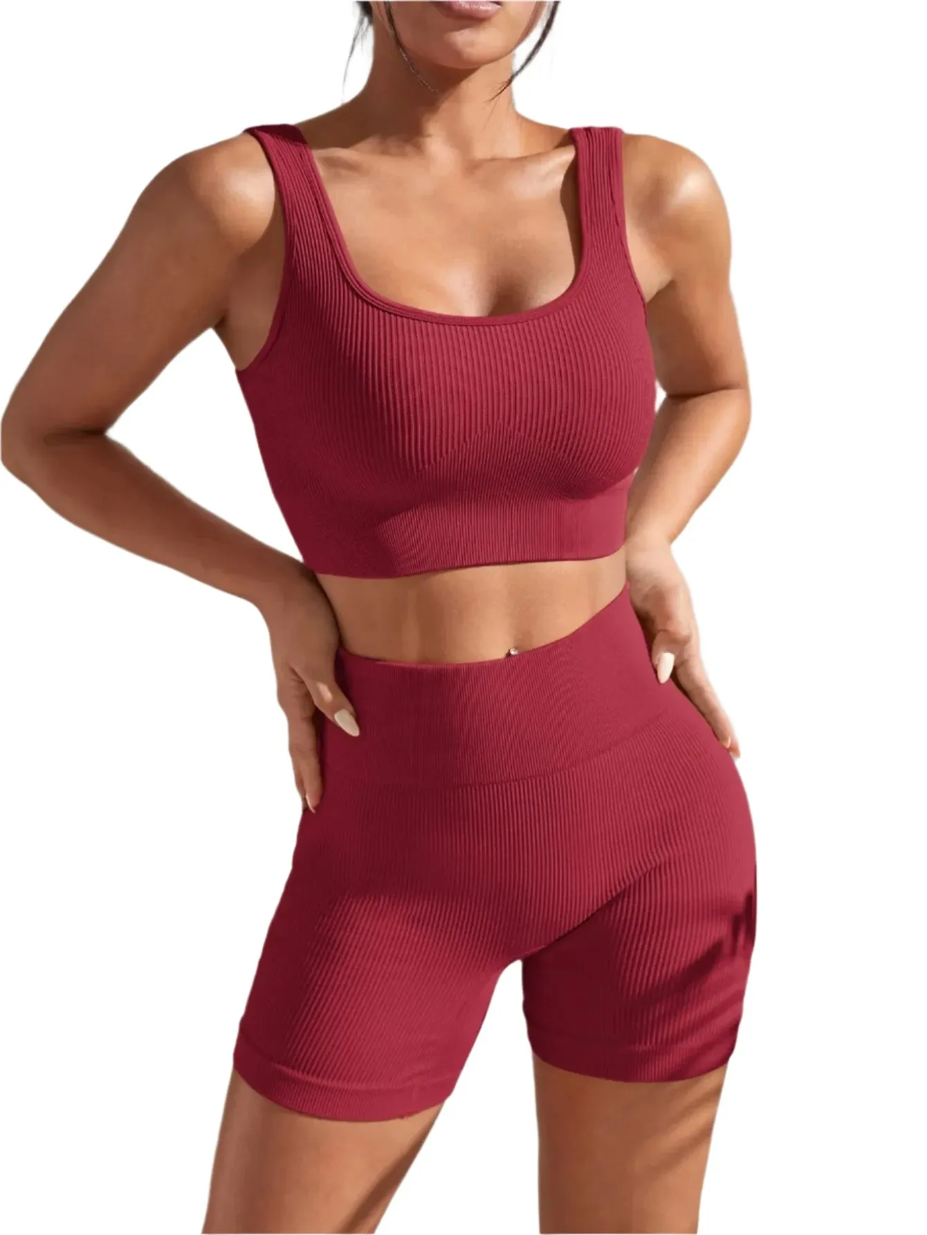 Seamless Ribbed Yoga Set for Women – 2-Piece Workout Outfit with High-Waist Shorts & Crop Tank for Gym, Fitness, Running