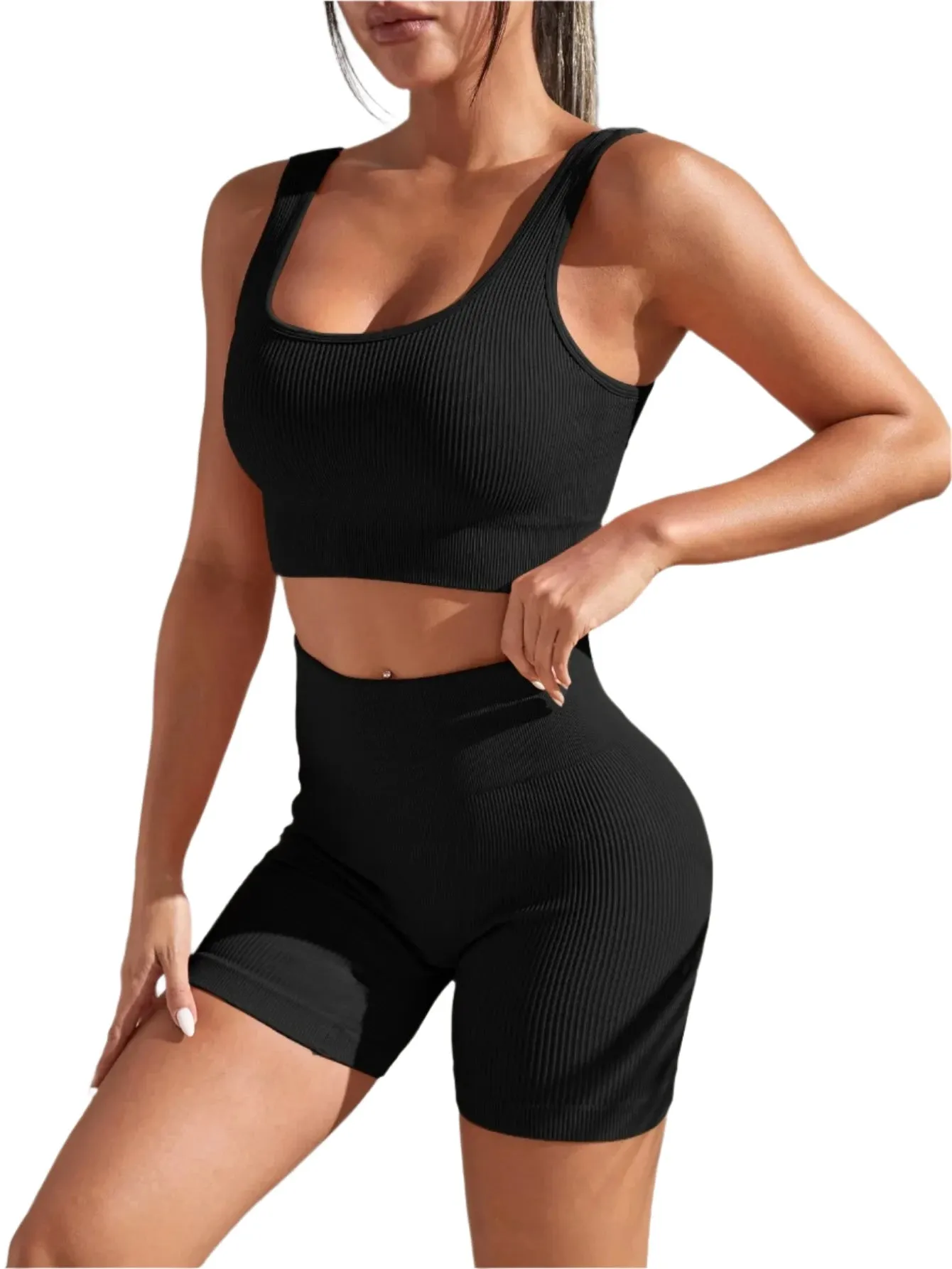 Seamless Ribbed Yoga Set for Women – 2-Piece Workout Outfit with High-Waist Shorts & Crop Tank for Gym, Fitness, Running