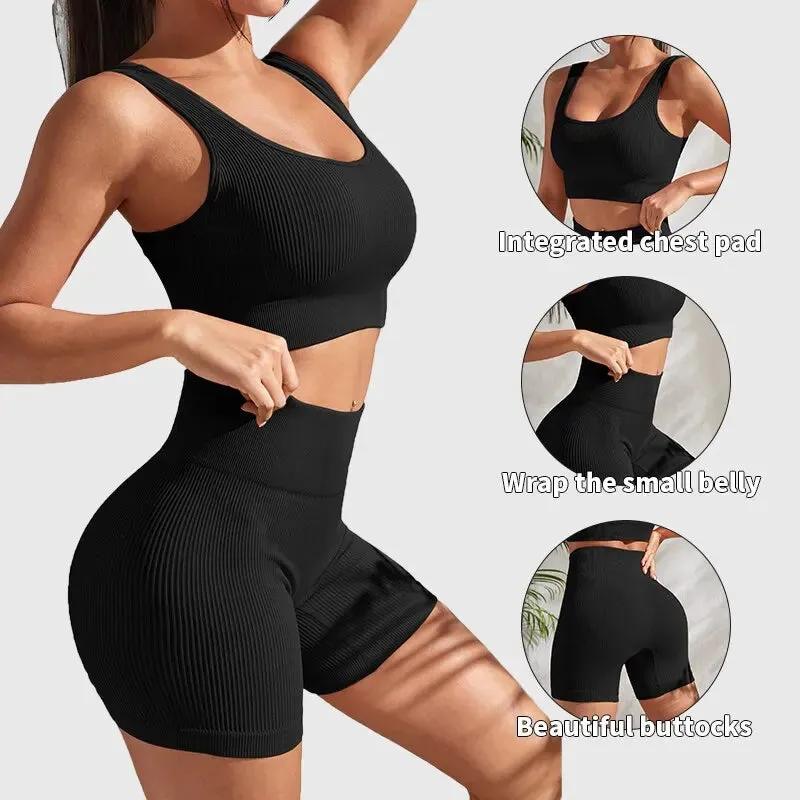 Seamless Ribbed Yoga Set for Women – 2-Piece Workout Outfit with High-Waist Shorts & Crop Tank for Gym, Fitness, Running