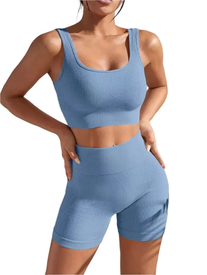 Seamless Ribbed Yoga Set for Women – 2-Piece Workout Outfit with High-Waist Shorts & Crop Tank for Gym, Fitness, Running