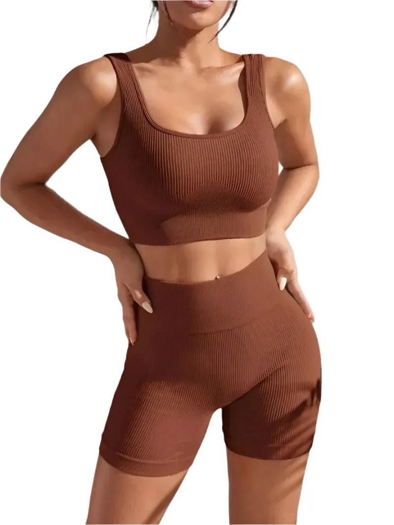 Seamless Ribbed Yoga Set for Women – 2-Piece Workout Outfit with High-Waist Shorts & Crop Tank for Gym, Fitness, Running