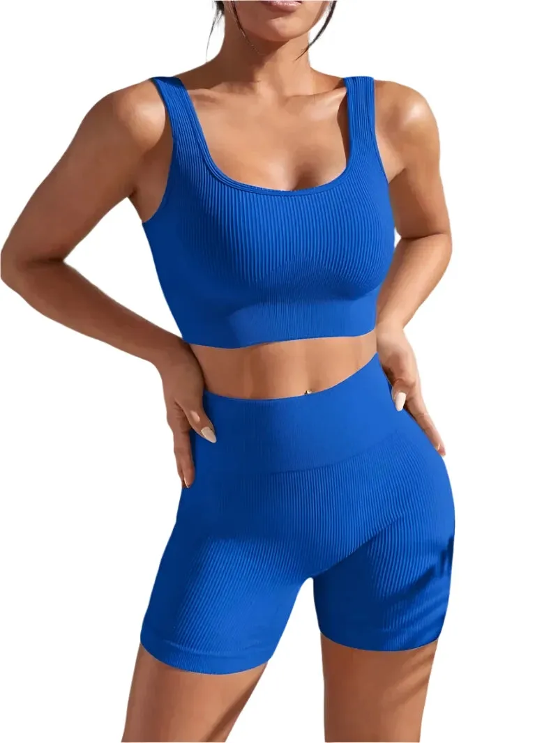 Seamless Ribbed Yoga Set for Women – 2-Piece Workout Outfit with High-Waist Shorts & Crop Tank for Gym, Fitness, Running