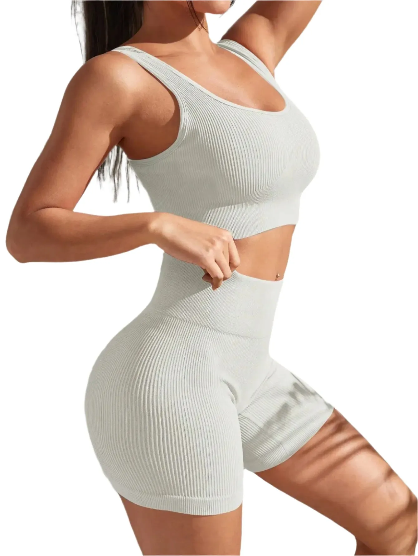 Seamless Ribbed Yoga Set for Women – 2-Piece Workout Outfit with High-Waist Shorts & Crop Tank for Gym, Fitness, Running