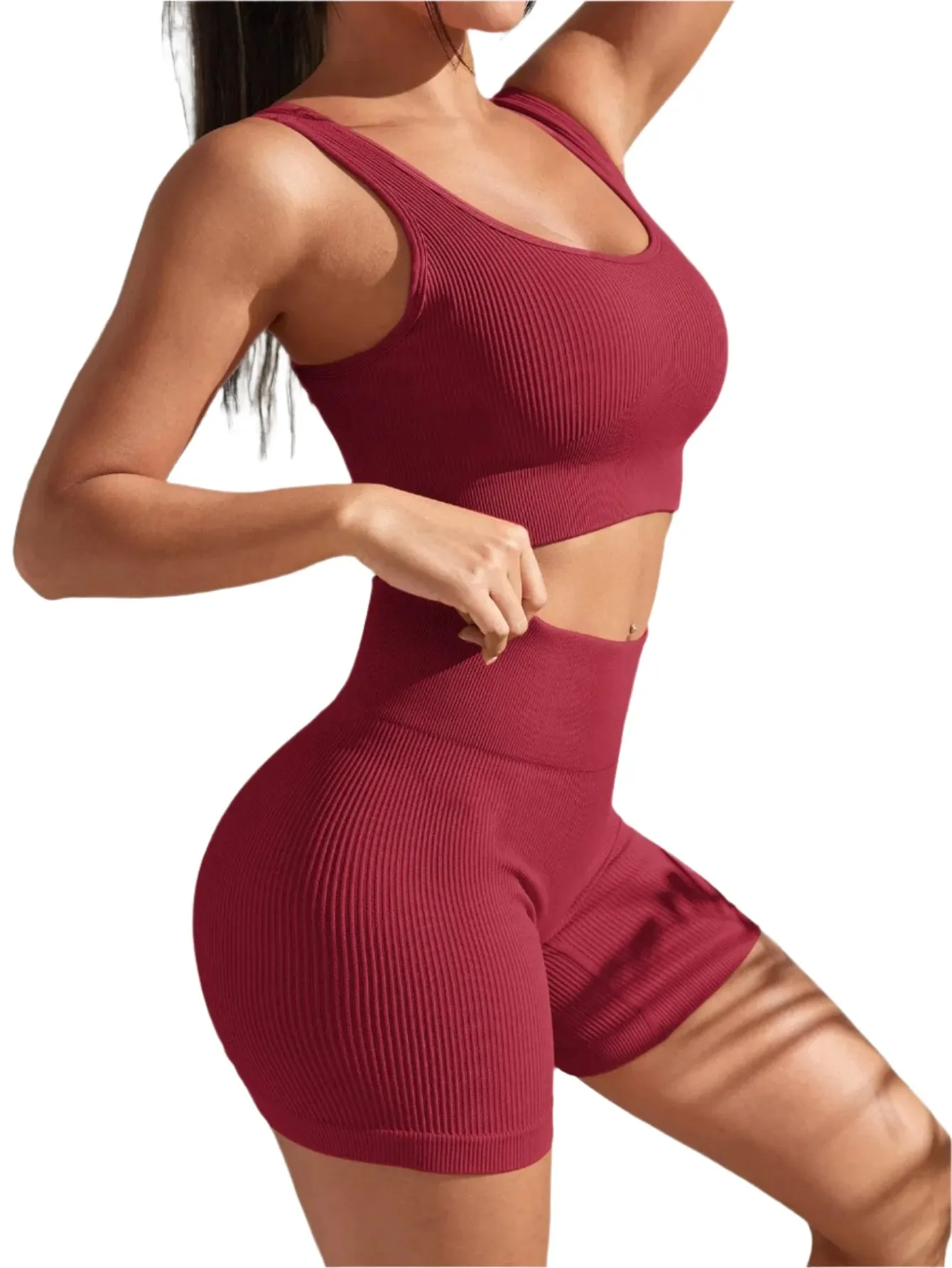 Seamless Ribbed Yoga Set for Women – 2-Piece Workout Outfit with High-Waist Shorts & Crop Tank for Gym, Fitness, Running