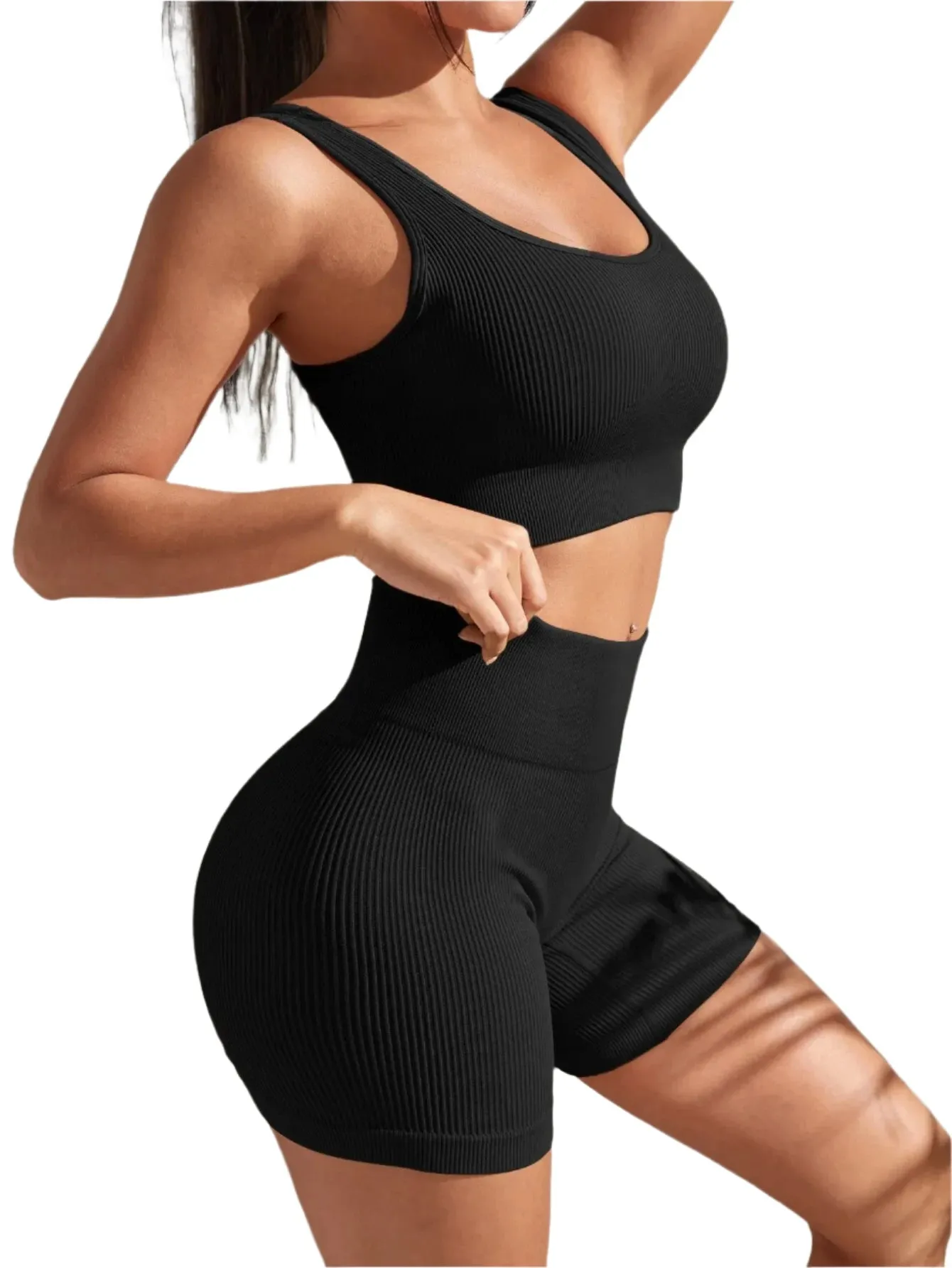Seamless Ribbed Yoga Set for Women – 2-Piece Workout Outfit with High-Waist Shorts & Crop Tank for Gym, Fitness, Running